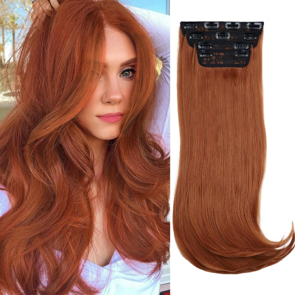 Clip-In Hair Extensions • 20” Long Straight Layered • Copper Red • Synthetic‎